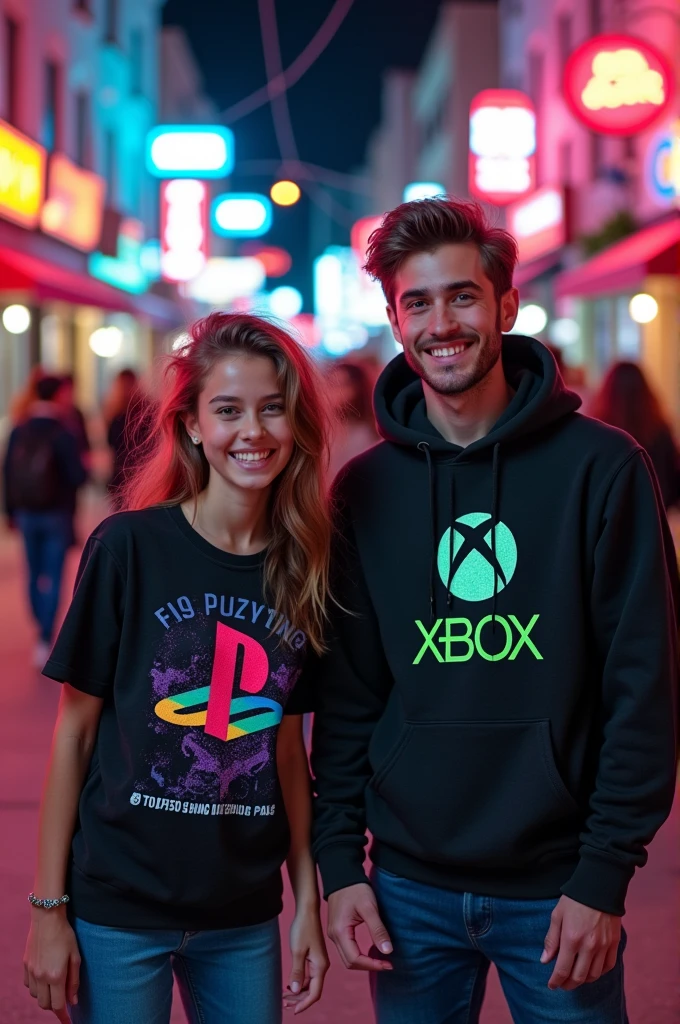 Une fille avec un t-shirt avec le logo PlayStation dessus accompagné d'un ami garçon qui porte un pull avec le logo Xbox et une fille qui porte un t-shirt avec le logo Nintendo ainsi qu'un ami garçon qui porte un sweat à capuche avec le logo de steam