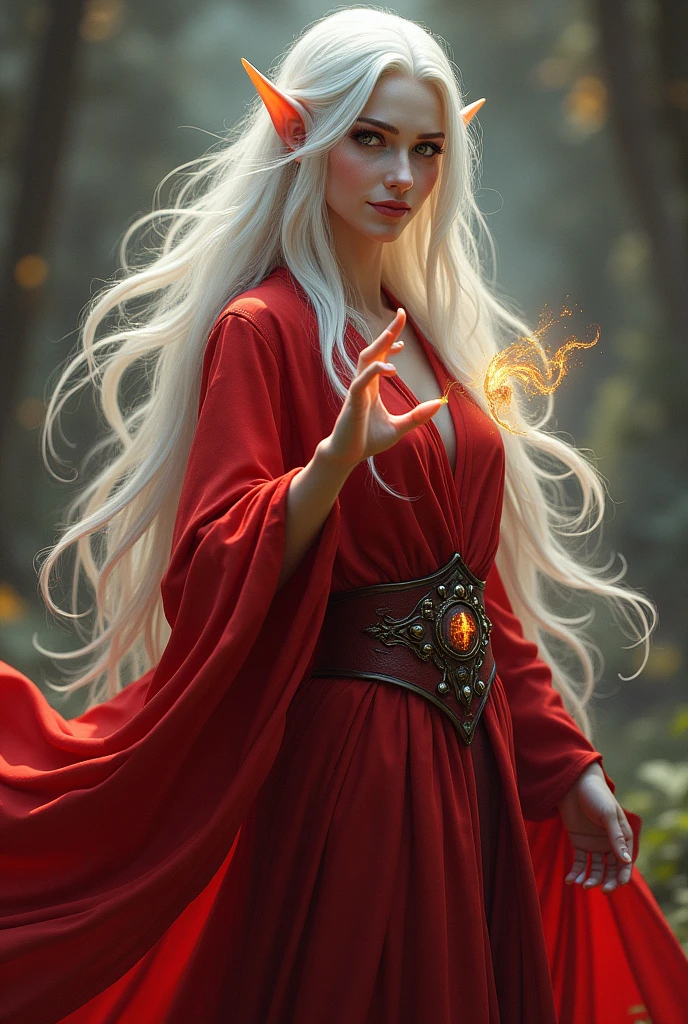 dnd, dungeons and dragons, high half-elf, sorcerer, wild magic, portrait, solo, single person, pale white skin, long white hair, glowing golden eyes, beautiful, female, , busty, smirking, flowing red robes, casting a magical spell, ((masterpiece, best quality)), artwork trending on artstation