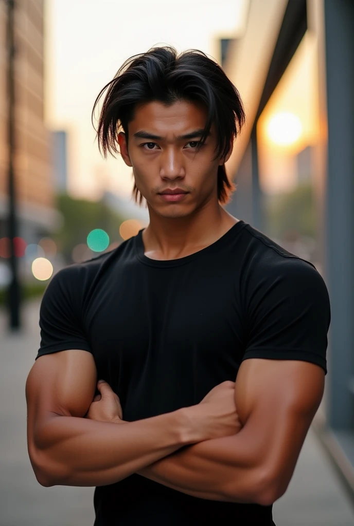 A handsome young Asian man of 20 years old with straight black hair with a mullet-style haircut, brown eyes, white skin, medium build, strong physique, muscles in his arms, messy hair, serious eyes, wearing a black shirt . He poses crossing his arms while turning to the camera.
