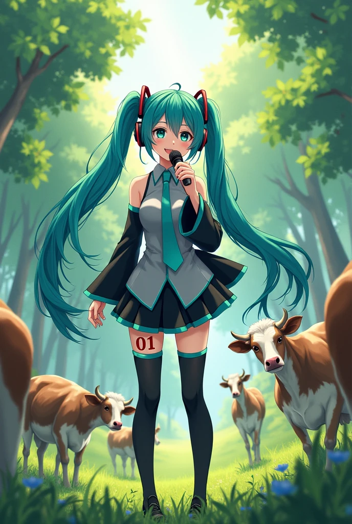 Anime art, anime style, detailed drawing, beautiful forest background background, high definition, high quality, one girl, solo, Hatsune Miku, aqua hair, twin tails, head ornament, headphones, number tattoo "01" (red, located on her left hand), grey sleeveless collared shirt, black detached sleeves with aqua lines, five fingers with aqua nails, aqua necktie, black pleated mini skirt with aqua lines, zettai ryouiki, thigh-high black boots with aqua lines.

Miku Hatsune holding a microphone; she is singing for cows
