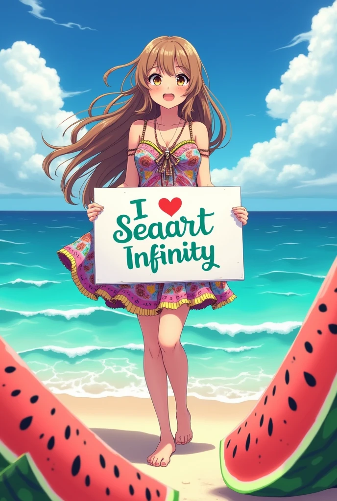 Beautiful girl with wavy long hair, bohemian dress, holding a white board with text "I Love Seaart Infinity" and showing it to the viewer anime style and with big watermelons