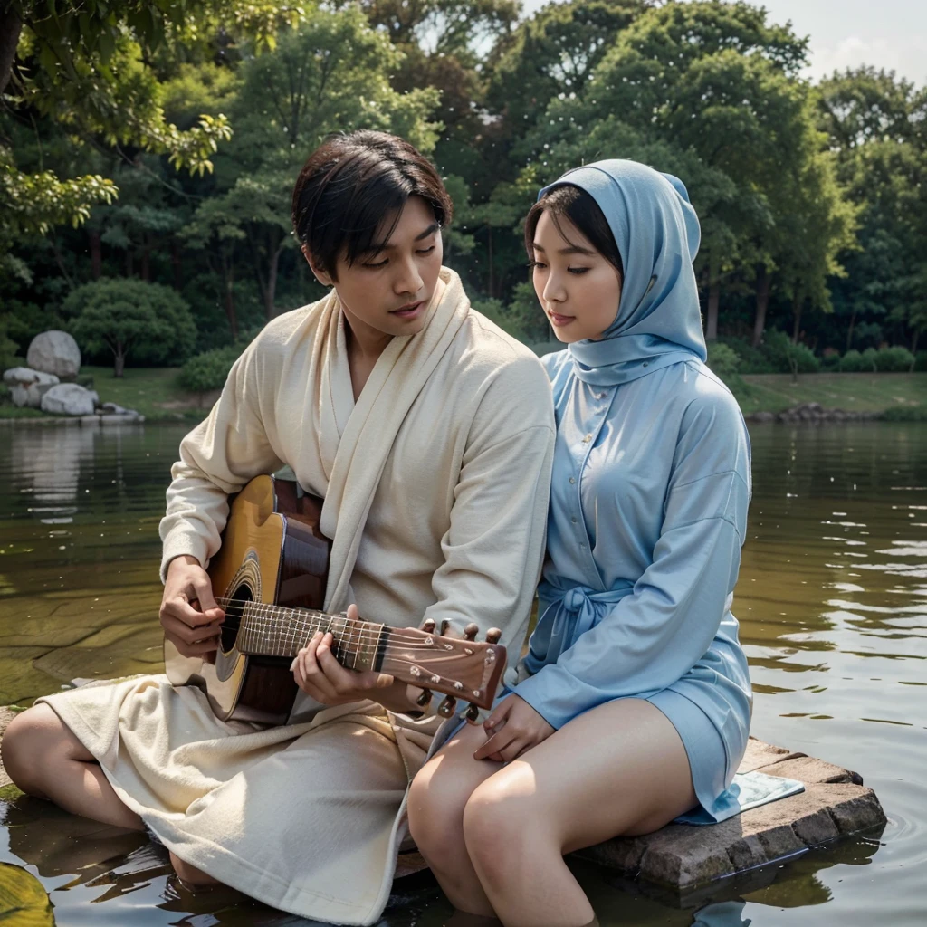 full body displays super HD high resolution photos of sweet Asian couples. A beautiful Asian woman wearing a hijab wearing a long-sleeved robe is sitting hugging her handsome husband wearing a shirt playing the guitar. they were on the edge of a lake with a beautiful garden. the image looks real and clear