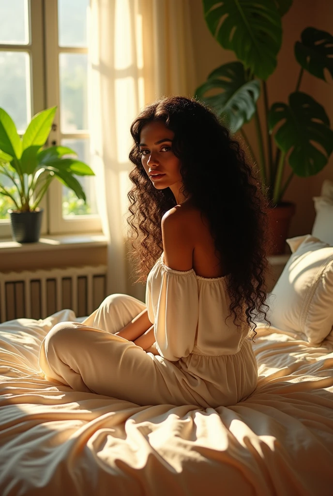 (photorealism:1.2), beautiful woman, sitting on bed, wearing loose off-shoulder top, pajama pants, long curly hair, indoors, soft lighting, plants in background, window with sunlight, cozy room, relaxed pose, realistic, intricate details, warm colors, by Greg Rutkowski, by Alphonse Mucha