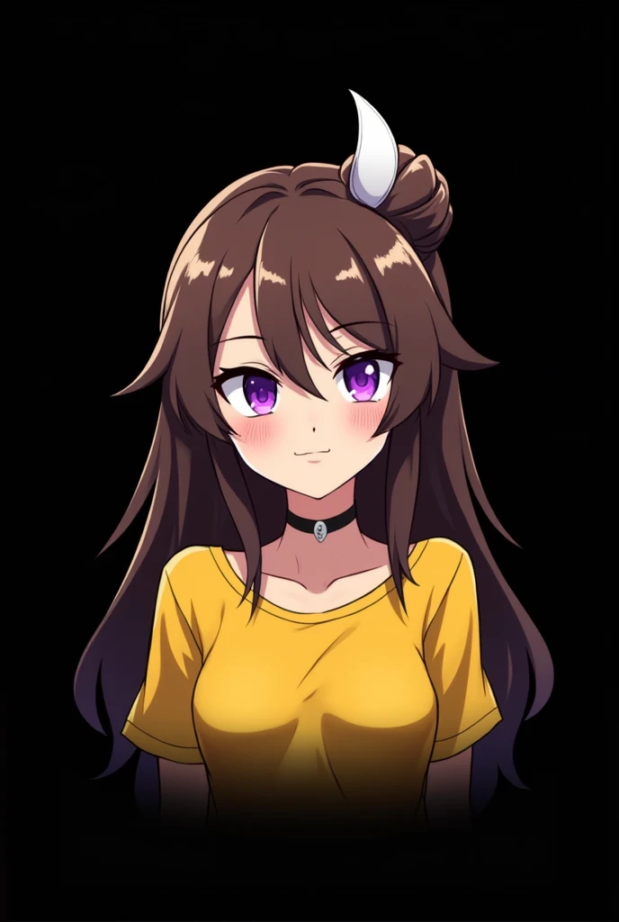Gaming Logo for "LimeStone" , Gamer , black background , styled white font , Anime girl , brown hair colour , white hair bang , hair bun style , yellow T-shirt , purple eyes , empty eye lens , serious eye , uncaring eye , smirk
