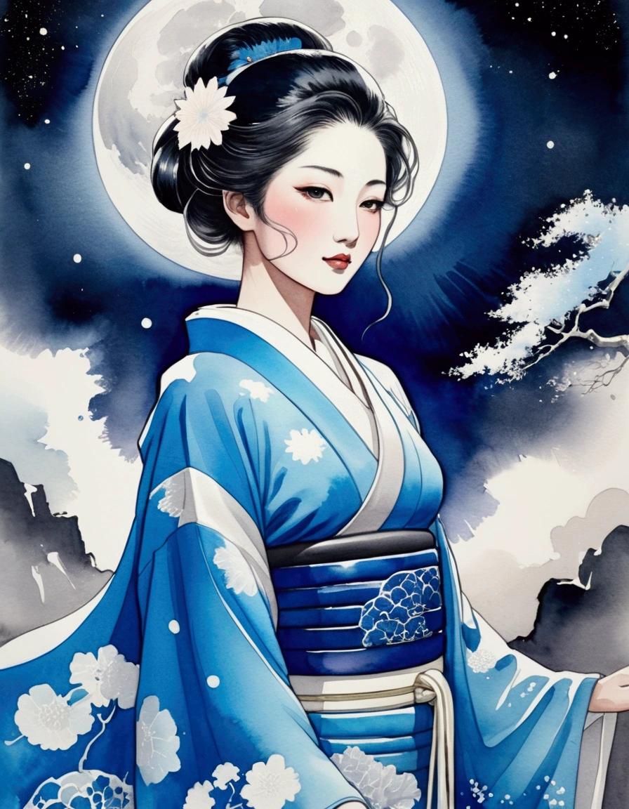 Taisho Romance　shrine　A big blue moon and a beautiful, free and ambitious Japanese woman in a kimono　Aquarius Blue Moon　Big Moon　Watercolor art　Detailed ink illustration　spiritual