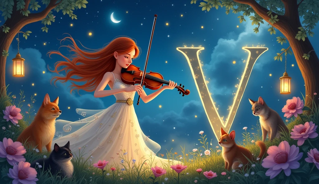 V is for violin, a musical strain.