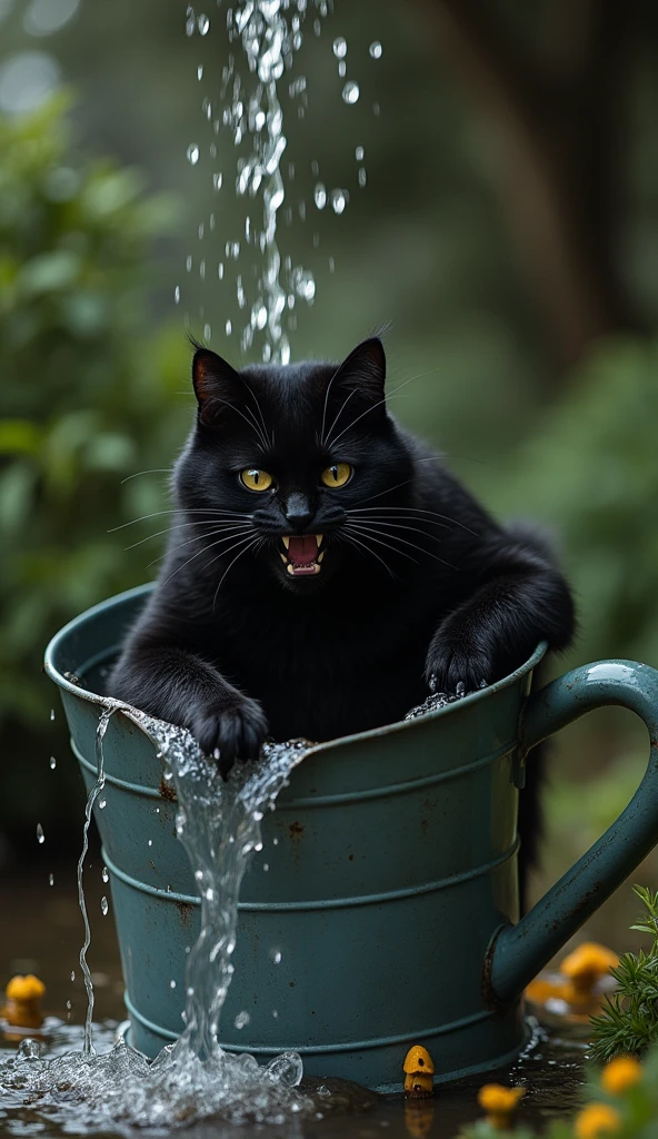 Boy in a watering can that falls over him, minimal illumination, with features of Sebastian Stan, very attractive, black fur, black eyes, pale skin and tall. His gaze will be angry with a marked jawline.