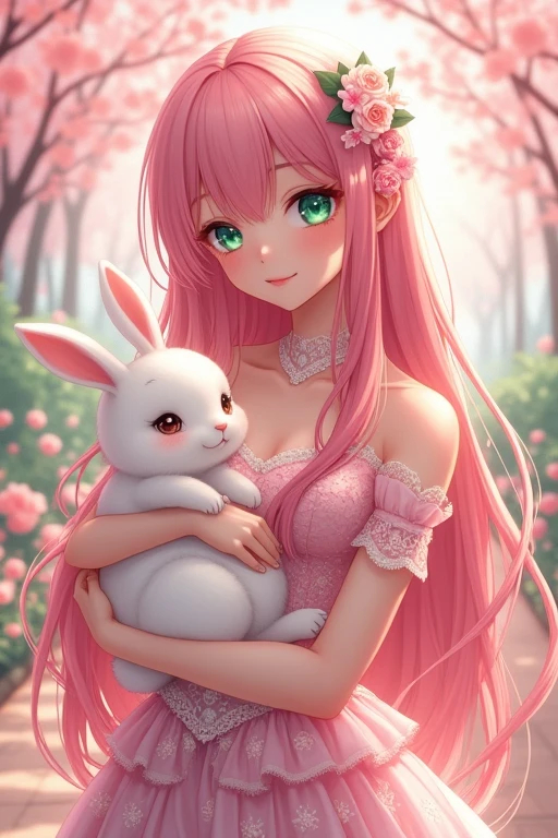 Long pink haired anime girl holding a white rabbit, 素敵なドレスを着たCute animeワイフ, Anime Art Wallpapers 8K, Anime Wallpaper, Anime Style 4k, anime art wallpaper 4k, anime art wallpaper 4k, Beautiful anime style, Beautiful Anime Girls, Long Hair Anime Girl, Very Beautiful Anime Cat Girl, Cute anime, Anime Wallpaper4k