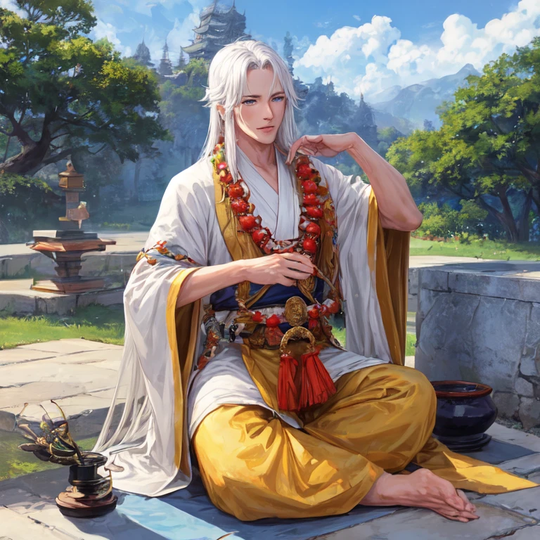 A very handsome, tall and strong cultivator with long white hair and blue eyes, wearing a robe and holding Buddhist beads in his hands.