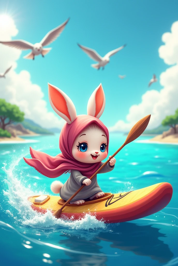 A little rabbit wearing a hijab is a cute cartoon character, paddling a boat and holding a SUP paddle in the sea.