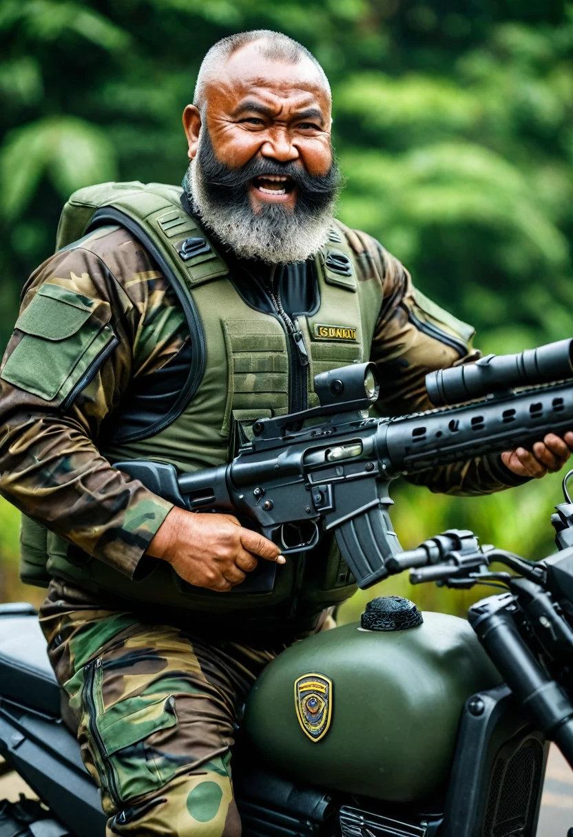 (a dark-skinned bearded fat old man in a bulky camouflage zipper diver suit) shooting with a rifle, muscular, riding an army motorcycle, Basuki Abdullah, sumatraism, action, a character portrait, heroic, fierce, snarling