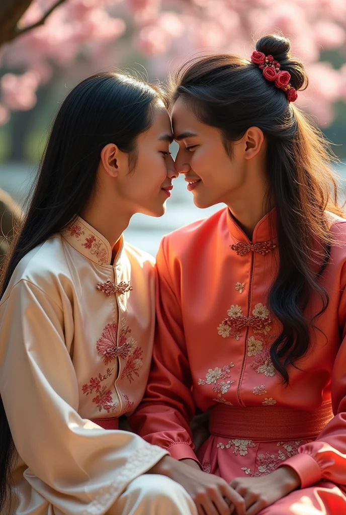 Make a gay couple who wearing a Chinese dress one of them are  sitting his lap and  their hairs are long and silky  I mean they both are boys make them clean save and beautiful face they are boys 2 boys can you make a picture of two boys who are very beautiful and see to each other eyes I said to boys please make two boys who is couple