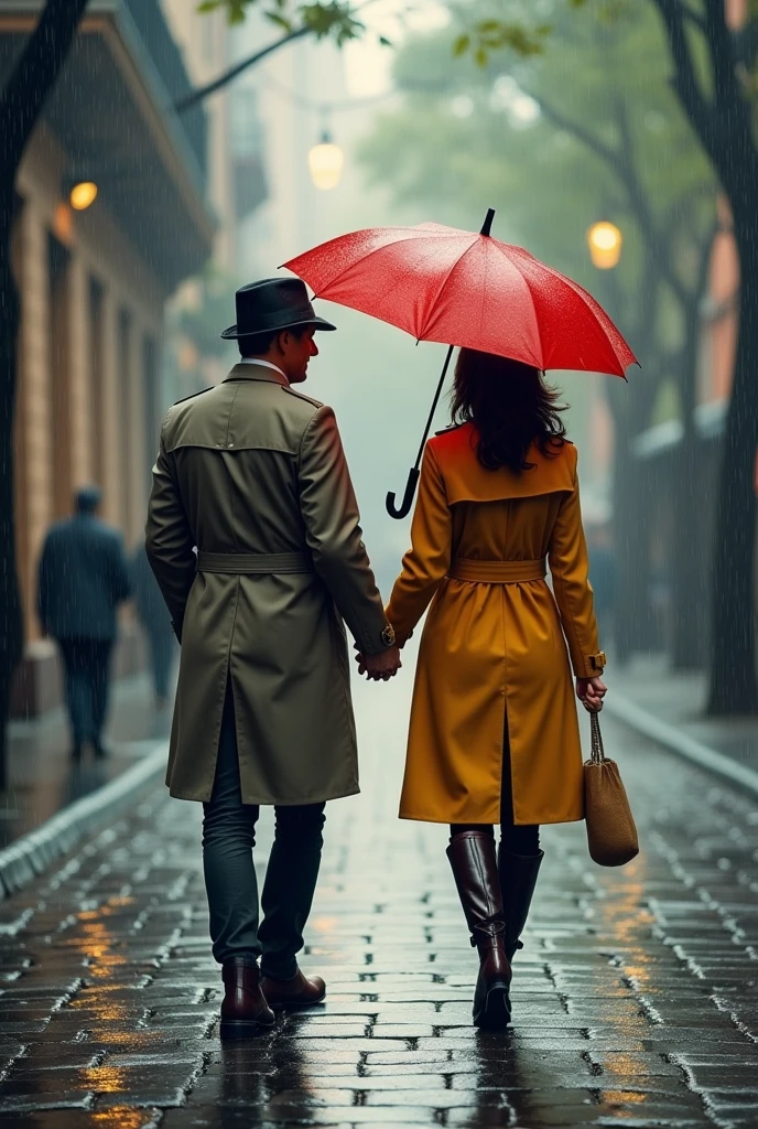 “Create a heartwarming scene of a beautiful couple walking together on a rainy road during a heavy downpour. The man and woman are stylishly dressed, sharing an umbrella as they navigate the wet, glistening street. Suddenly, they notice a small boy nearby, standing alone in the rain and wearing a makeshift sack to protect himself from the downpour. Moved by the sight, the couple stops and decides to help.