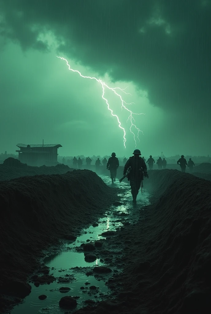 A Battlefield, rain, dark green sky, war, trenches, destroyed land, charging soilders. Desktop size