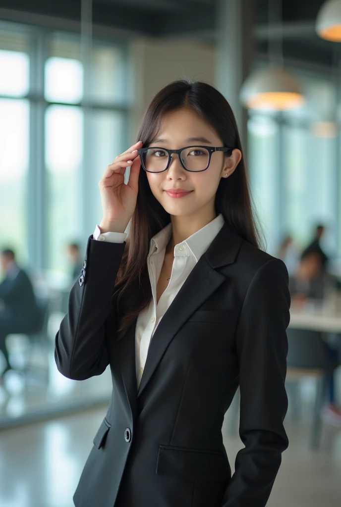 Beautiful young Korean woman with big breasts picture, wearing a suit, open shirt, with black glasses, background in the office