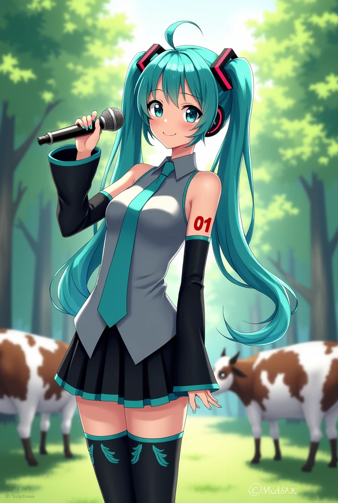 Anime art, anime style, detailed drawing, beautiful forest background background, high definition, high quality, one girl, solo, Hatsune Miku, aqua hair, twin tails, head ornament, headphones, number tattoo "01" (red, located on her right hand), grey sleeveless collared shirt, black detached sleeves with aqua lines, five fingers with aqua nails, aqua necktie, black pleated mini skirt with aqua lines, zettai ryouiki, thigh-high black boots with aqua lines.
Miku Hatsune holding a microphone; she is singing for cows