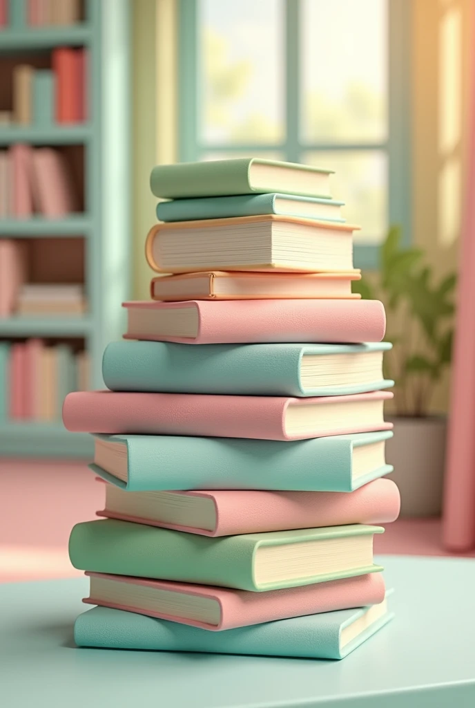 "A 3D-style depiction of a pile of books in a library, rendered in soft pastel colors like mint green, blush pink, and sky blue. The books are stacked haphazardly, with some leaning against each other, creating a sense of depth and dimension. The covers have subtle textures and slight reflections, enhancing the realistic feel. The library setting includes shelves in the background, softly blurred to emphasize the colorful stack of books. The overall atmosphere is calm and inviting, with gentle lighting highlighting the pastel tones."