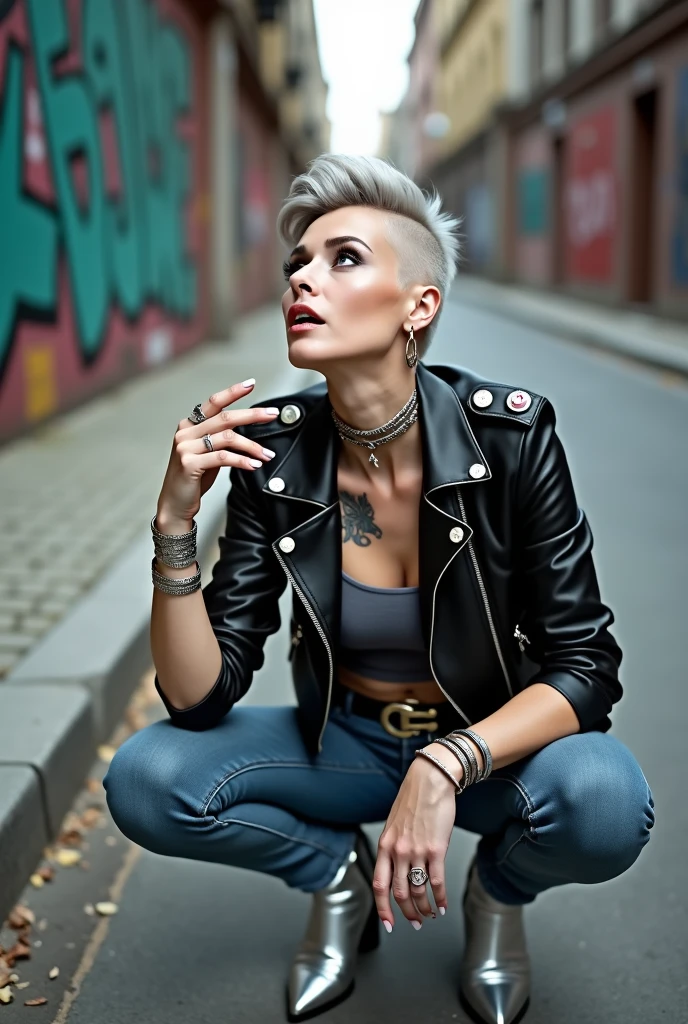 russian milf woman, grey hair (quiff shaved sides), with very light blue eyes, extremely pale. Wearing cropped black moto jacket (badges on lapels), tank top with rock logo, skinny leather jeans and silver pointy Chelsea boots with cuban heels . Lots of metallic wide silver bracelets, a tacky chain and a padlock as a collar.mTacky studded leather belt with oversized chanel buckle. Wide loop earrings. Kneeling looking up, eyes and mouth wide open in amazement. Tilted head. Tattoed.. Chin up, looking up listening in amazement to God. Well toned abdominals, thin legs and thin arms. Touches her mouth with one hand. The other hand in her knee