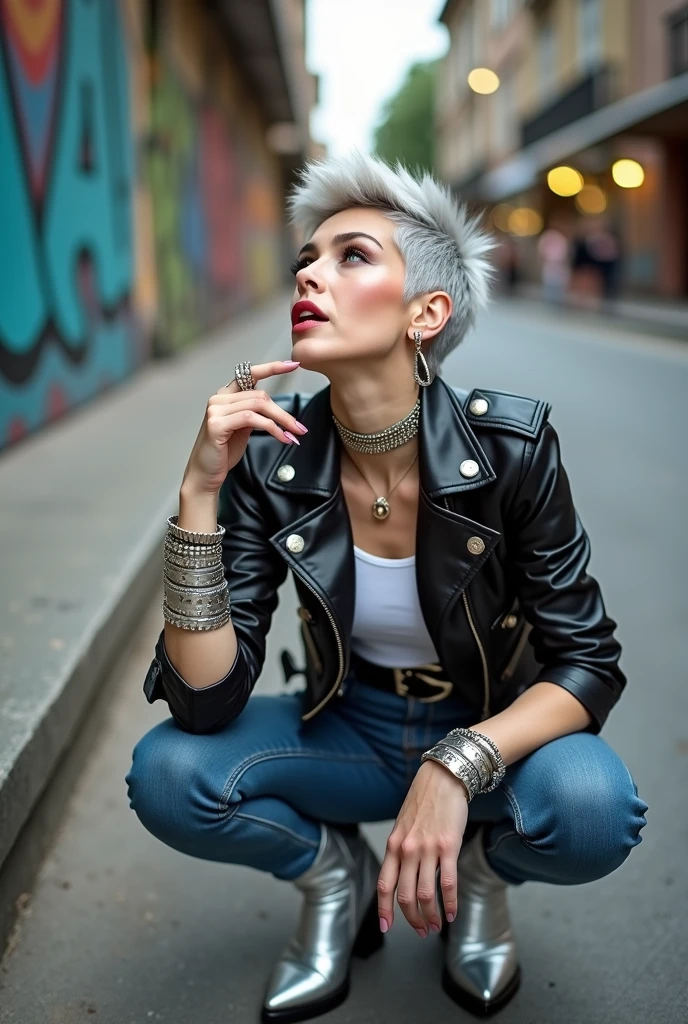 russian milf woman, grey hair (quiff shaved sides), with very light blue eyes, extremely pale. Wearing cropped black moto jacket (badges on lapels), tank top with rock logo, skinny leather jeans and silver pointy Chelsea boots with cuban heels . Lots of metallic wide silver bracelets, a tacky chain and a padlock as a collar.mTacky studded leather belt with oversized chanel buckle. Wide loop earrings. Kneeling looking up, eyes and mouth wide open in amazement. Tilted head. Tattoed.. Chin up, looking up listening in amazement to God. Well toned abdominals, thin legs and thin arms. Touches her mouth with one hand. The other hand in her knee