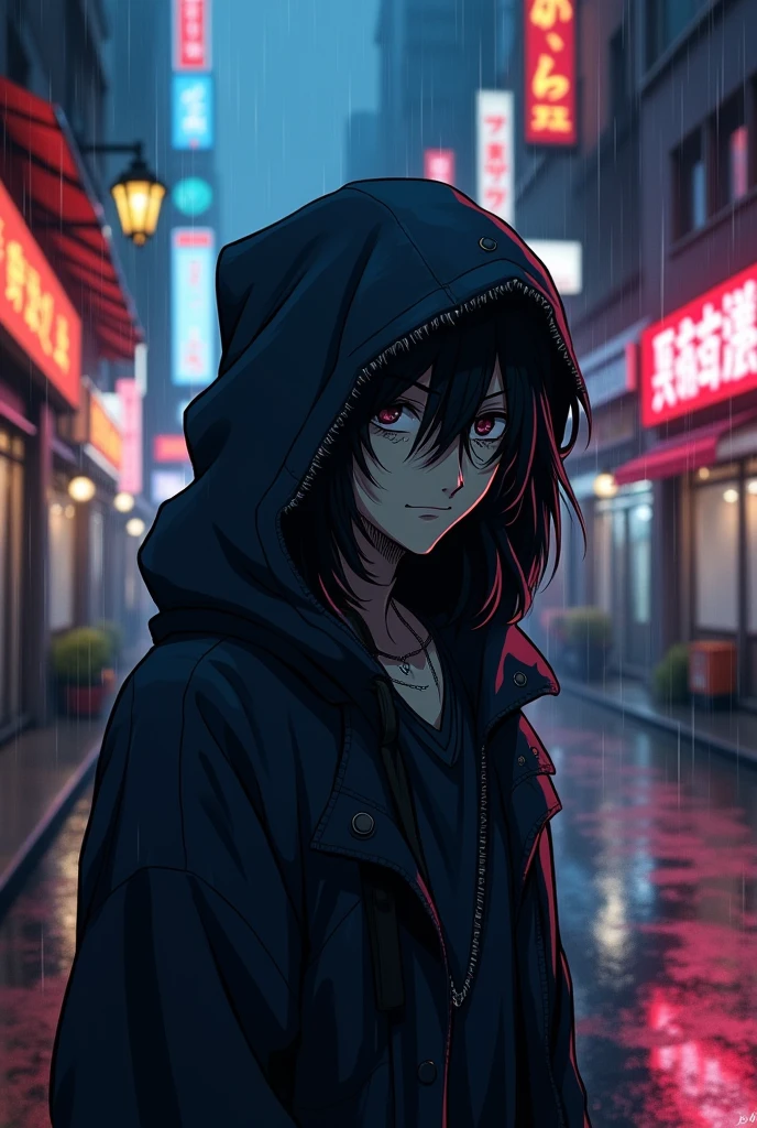 An anime-style man wearing a tattered hood that hides his eyes.
