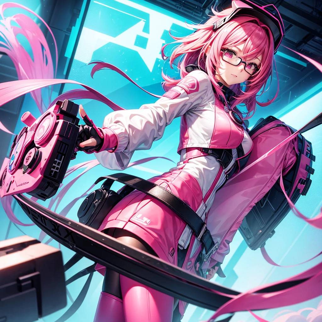 Create a female character with pink hair wearing VR glasses with the word Art3mis mirrored on the glasses and a gamer background.