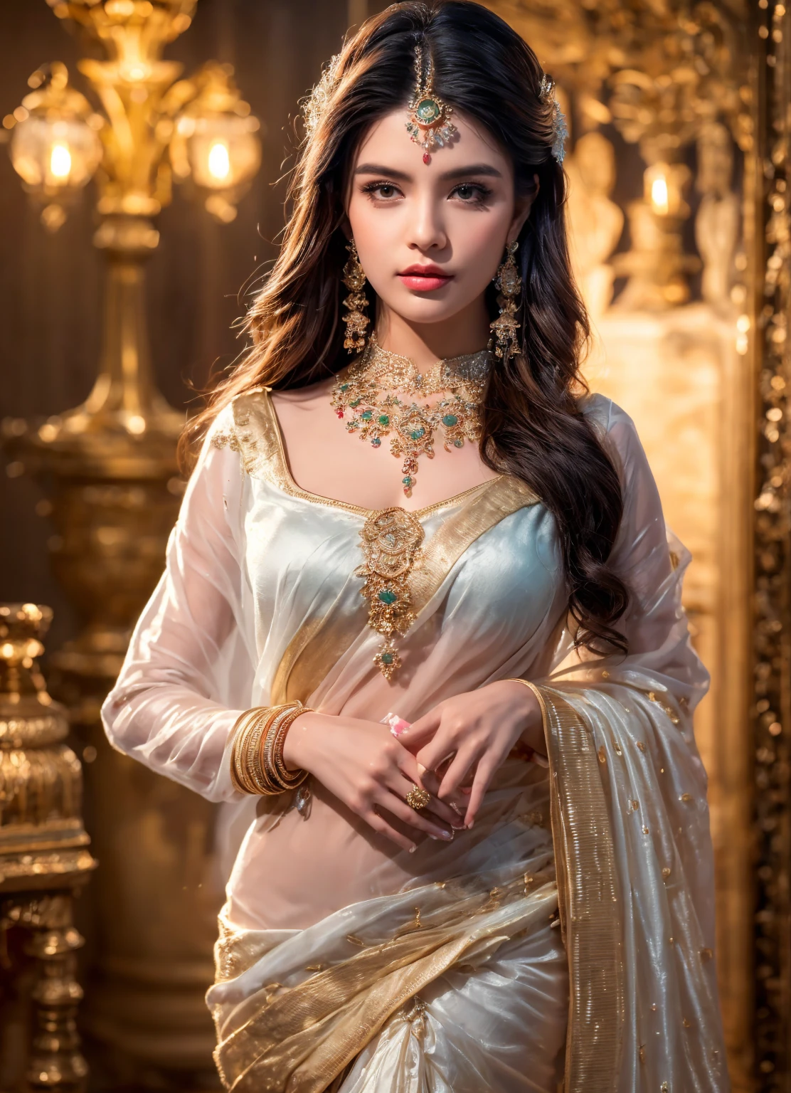 ((Best quality, 8k, Masterpiece :1.3)), Sharp focus :1.2, Generate a realistic image of a beautiful sexy Indian woman dressed in a white Kasava saree, adorned with traditional ornaments, standing in a well-lit room with cinematic lighting. ((Front view, random elegant pose)), and there is a sense of grace and elegance in her posture. The background should complement the scene, enhancing the overall aesthetic appeal of the image. Photography by Brandon Woelfel, Full shot: Canon EF 16-35mm f/2.8L III USM lens on a Canon EOS 5D Mark IV camera, ultra realistic, 32k, HD