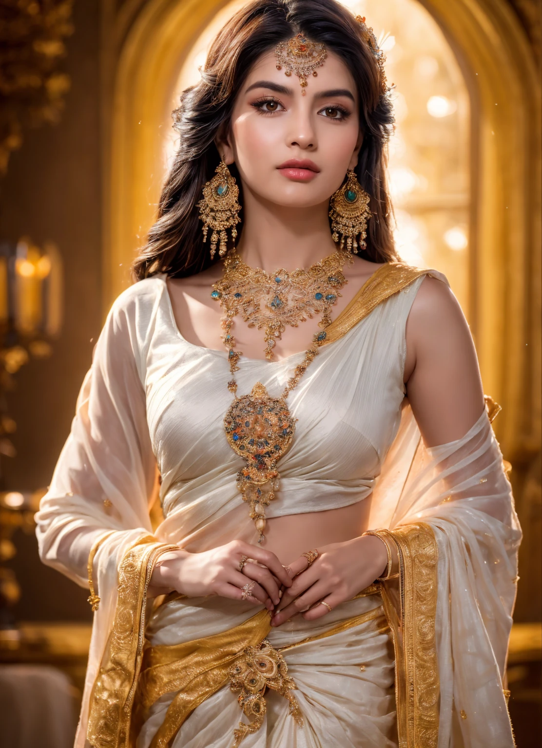 ((Best quality, 8k, Masterpiece :1.3)), Sharp focus :1.2, Generate a realistic image of a beautiful sexy Indian woman dressed in a white Kasava saree, adorned with traditional ornaments, standing in a well-lit room with cinematic lighting. ((Front view, random elegant pose)), and there is a sense of grace and elegance in her posture. The background should complement the scene, enhancing the overall aesthetic appeal of the image. Photography by Brandon Woelfel, Full shot: Canon EF 16-35mm f/2.8L III USM lens on a Canon EOS 5D Mark IV camera, ultra realistic, 32k, HD