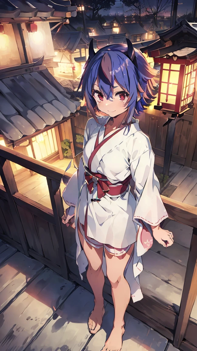 masterpiece, Highest quality, High resolution, Very detailed,(((Mikoto Naruka))), (((smile)))、(((Standing in the distance))), (((yukata))), (((rooftop))), (((Red railing))), (((Lantern))), (((night))), (((Multicolored Hair))), (((horn))), (((Pink Eyes)))