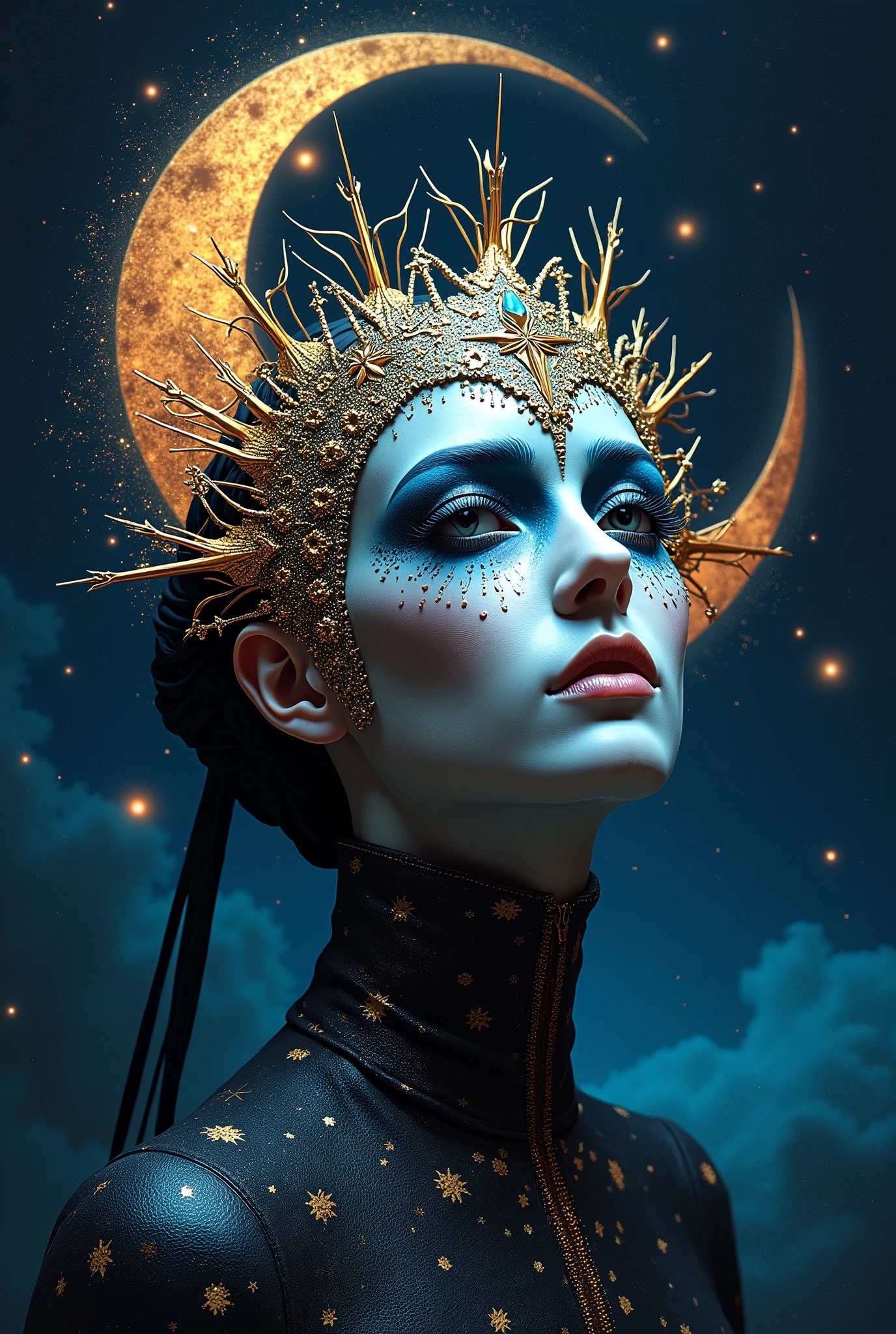 Selene, Celestial Moon Goddess Mask Portrait, Star Crowned Headress, Immersive Atmospheric Sky on Night Space Background, Superimpossed Stars, Neon Glow, Abstract, art by Wayne Barlowe, Hieronymus Bosch, Bekesinski, H.R Giger, Brian Froud, Gustave Doré, Photorealsitic, OtherWorldly Oil Painting, artgerm, avant-garde, abstract surrealism, fine details, grain texture, intricate details, ultra realistic, natural lighting, HD High-quality, highly detailed, HDR, true Mystical Revelation of Selene, Celestial Moon Goddess Mask Portrait, Abstract, Surrealisim, Baroque style, scientific anatomical proportionate full body design in the ancient Indian miniature painting style illuminated