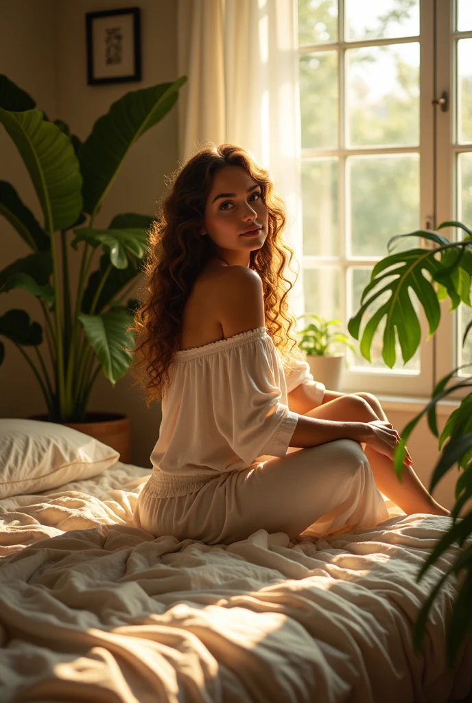 (photorealism:1.2), beautiful woman, sitting on bed, wearing loose off-shoulder top, pajama pants, long curly hair, indoors, soft lighting, plants in background, window with sunlight, cozy room, relaxed pose, realistic, intricate details, warm colors, by Greg Rutkowski, by Alphonse Mucha