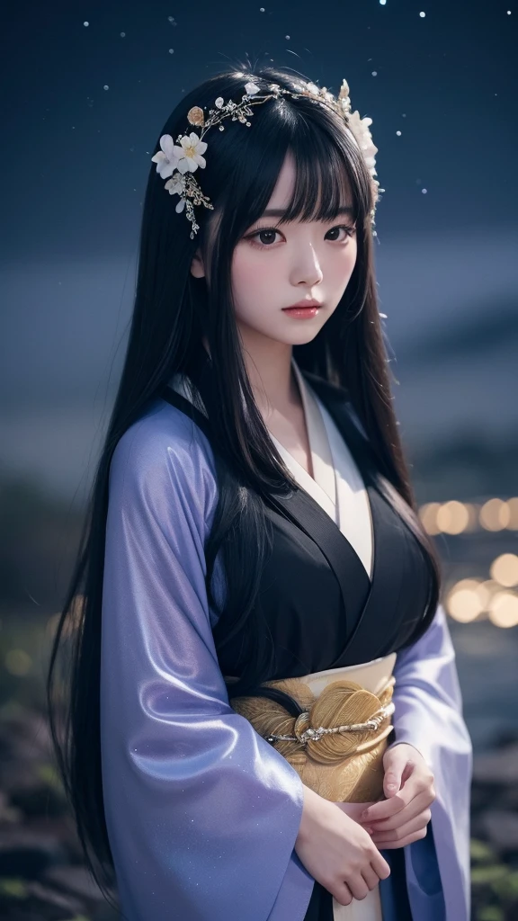 Delicate and dainty young woman with shiny long black hair . She is wearing Majestic japanese kimono. The background is a fantastic and ethereal night sky that seems to be haunted by a specter. 