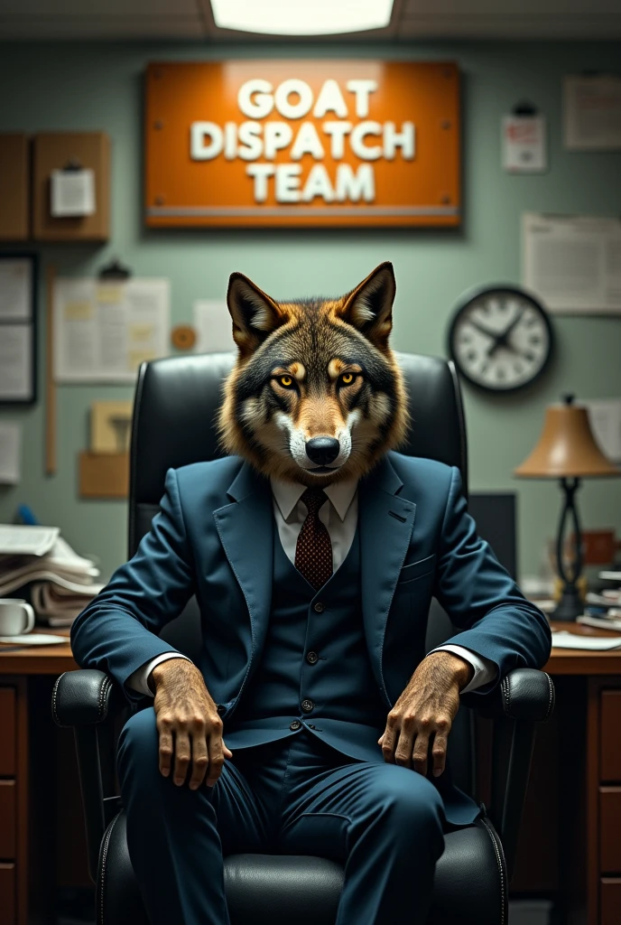 angry wolf with suit sitting in the chair in the office under letter “GOAT DISPATCH TEAM”