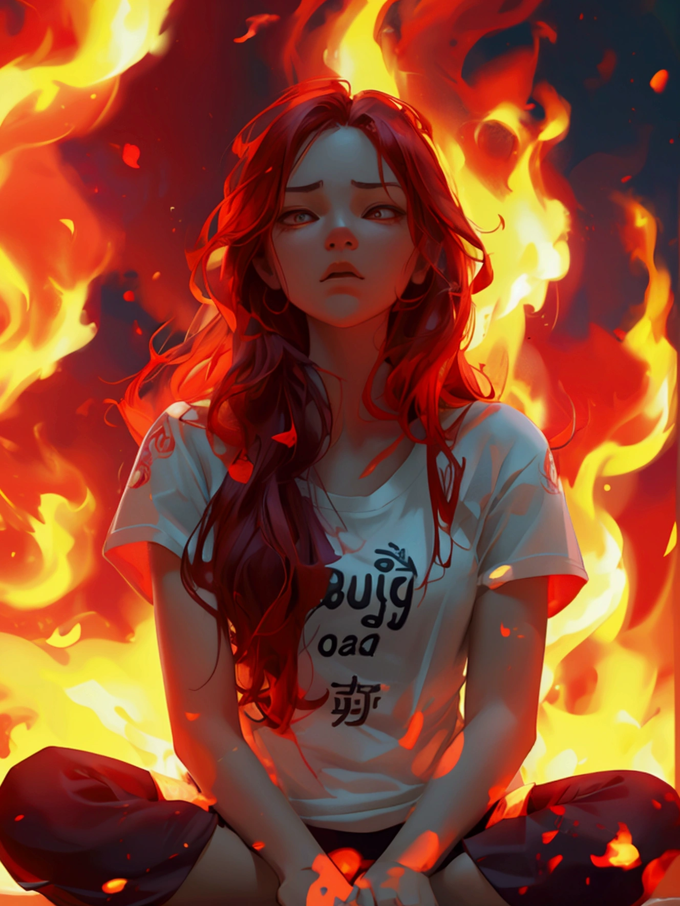 Create a vibrant and intense scene with a mystical, fiery red background featuring soaring Bitcoin symbols, volatile market graphs, and swirling clouds. In the foreground, replace the meditating figure with a beautiful, cute girl sitting in a lotus pose on a fiery cloud, her expression filled with anger and frustration, reflecting the agony of buying high and selling low in the crypto market. She wears a T-shirt with 'Buy High, Sell Low Pro' printed on it. Surround her with a glowing, fiery red halo, with flames and red fire effects engulfing the scene to emphasize her aggression and the market's volatility