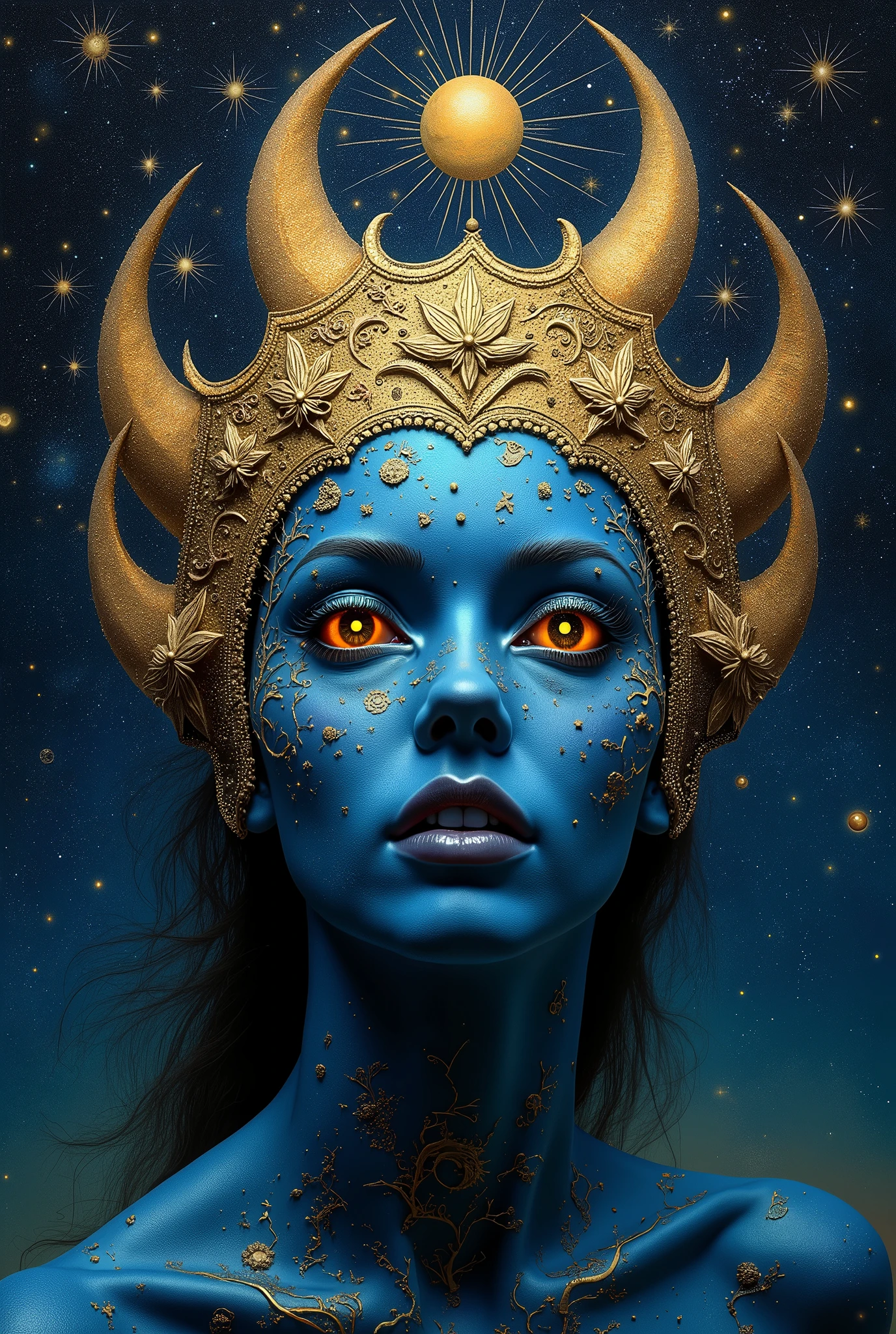 Selene, Celestial Moon Goddess Mask Portrait, Star Crowned Headress, Immersive Atmospheric Sky on Night Space Background, Superimpossed Stars, Neon Glow, Abstract, art by Wayne Barlowe, Hieronymus Bosch, Bekesinski, H.R Giger, Brian Froud, Gustave Doré, Photorealsitic, OtherWorldly Oil Painting, artgerm, avant-garde, abstract surrealism, fine details, grain texture, intricate details, ultra realistic, natural lighting, HD High-quality, highly detailed, HDR, true Mystical Revelation of Selene, Celestial Moon Goddess Mask Portrait, Abstract, Surrealisim, Baroque style, scientific anatomical proportionate full body design in the ancient Indian miniature painting style illuminated