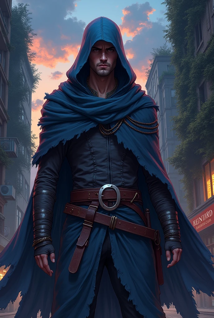 Draw an anime-style man wearing a tattered hood that covers his eyes.