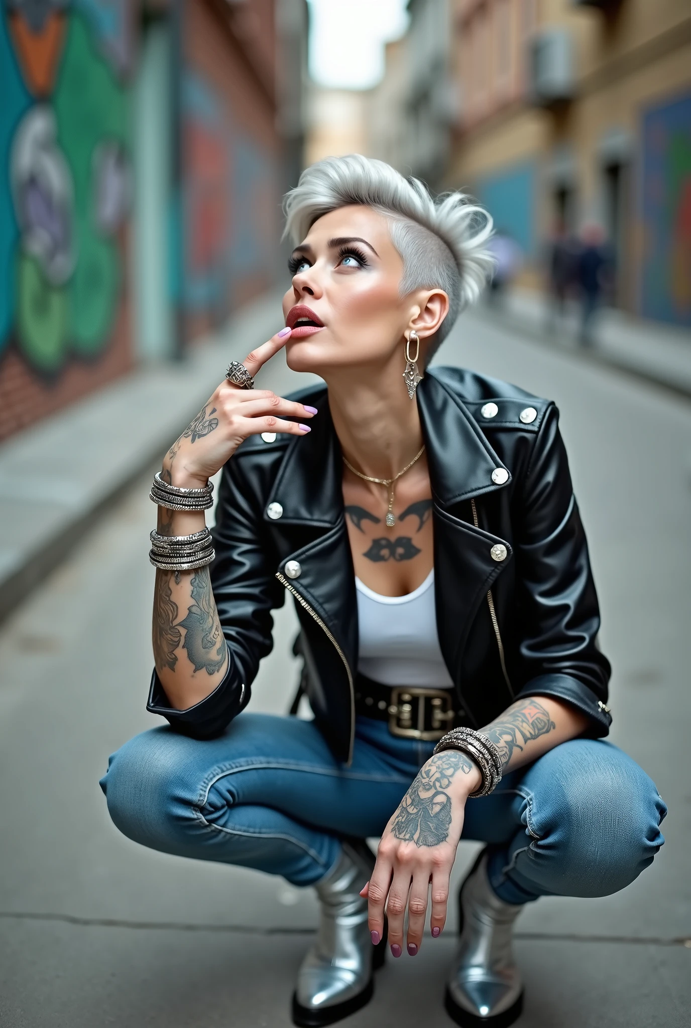 russian milf woman, grey hair (quiff shaved sides), with very light blue eyes, extremely pale. Wearing cropped black moto jacket (badges on lapels), tank top with rock logo, skinny leather jeans and silver pointy Chelsea boots with cuban heels . Lots of metallic wide silver bracelets, a tacky chain and a padlock as a collar.mTacky studded leather belt with oversized chanel buckle. Wide loop earrings. Kneeling looking up, eyes and mouth wide open in amazement. Tilted head. Tattoed.. Chin up, looking up listening in amazement to God. Well toned abdominals, thin legs and thin arms. Touches her mouth with one hand. The other hand in her knee