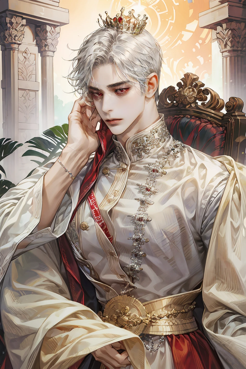 ((best quality)), ((masterpiece)), (detailed), (clear), 1 man, 22 years old, beautiful, Handsome, Short Silver Hair, Fair and fair skin, Jewel-like Red Eyes, chic, calm expression, Fine muscles, Abs, Crown Prince's Attire, Touching the head