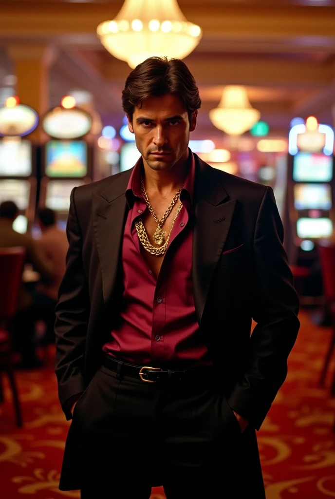 Create Scarface from the movie dressed in a wine-colored shirt, with a twisted gold chain, and his black jacket playing in a casino