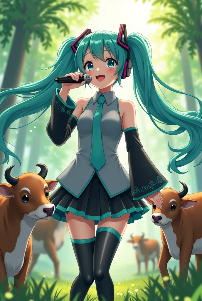 Anime art, anime style, detailed drawing, beautiful forest background background, high definition, high quality, one girl, solo, Hatsune Miku, aqua hair, twin tails, head ornament, headphones, number tattoo "01" (red, located on her right hand), grey sleeveless collared shirt, black detached sleeves with aqua lines, five fingers with aqua nails, aqua necktie, black pleated mini skirt with aqua lines, zettai ryouiki, thigh-high black boots with aqua lines.
Miku Hatsune holding a microphone; she is singing for cows; the cows coke close to her