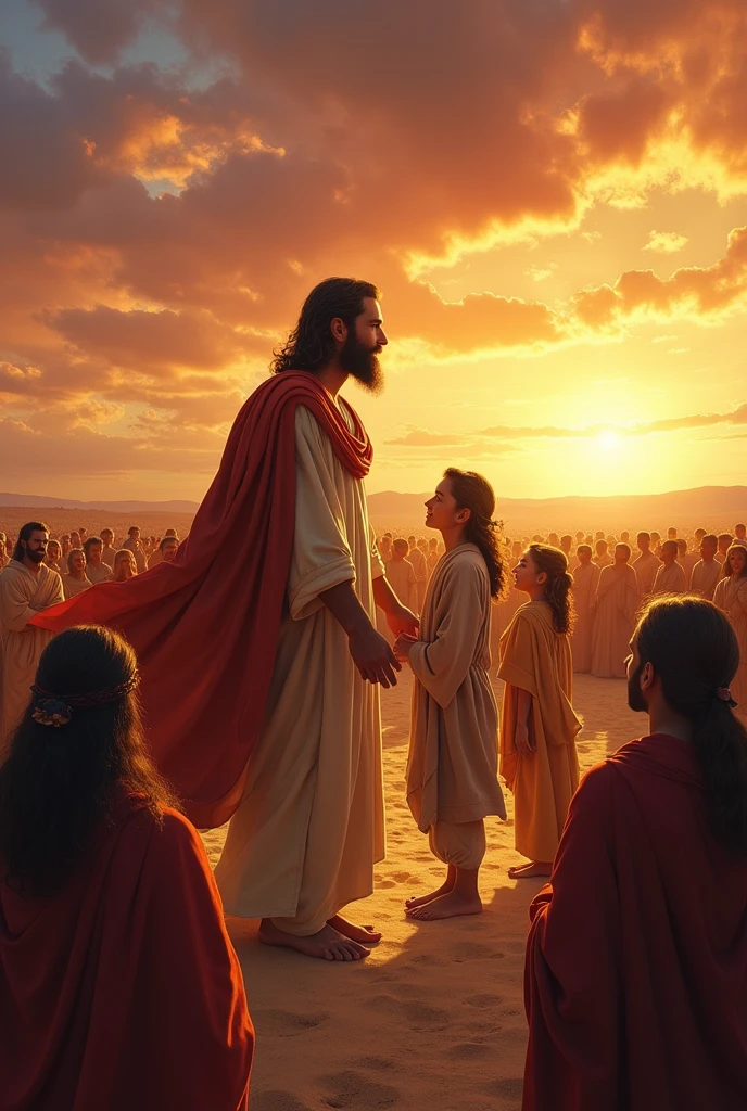(Photorealism:1.2) Moses performing miracles ,Great Moses, Moses the Leader. Great Moses와 아내 십보라, Moses with his two sons who have become young men, Moses meeting with the leaders