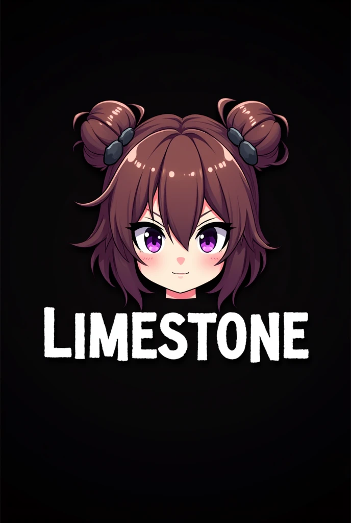 Gaming Logo for "LimeStone" , Gamer , black background , styled white font , Anime girl , brown hair colour , hair bun style , yellow T-shirt , purple eyes , empty eye lens , uncaring eye , smirk