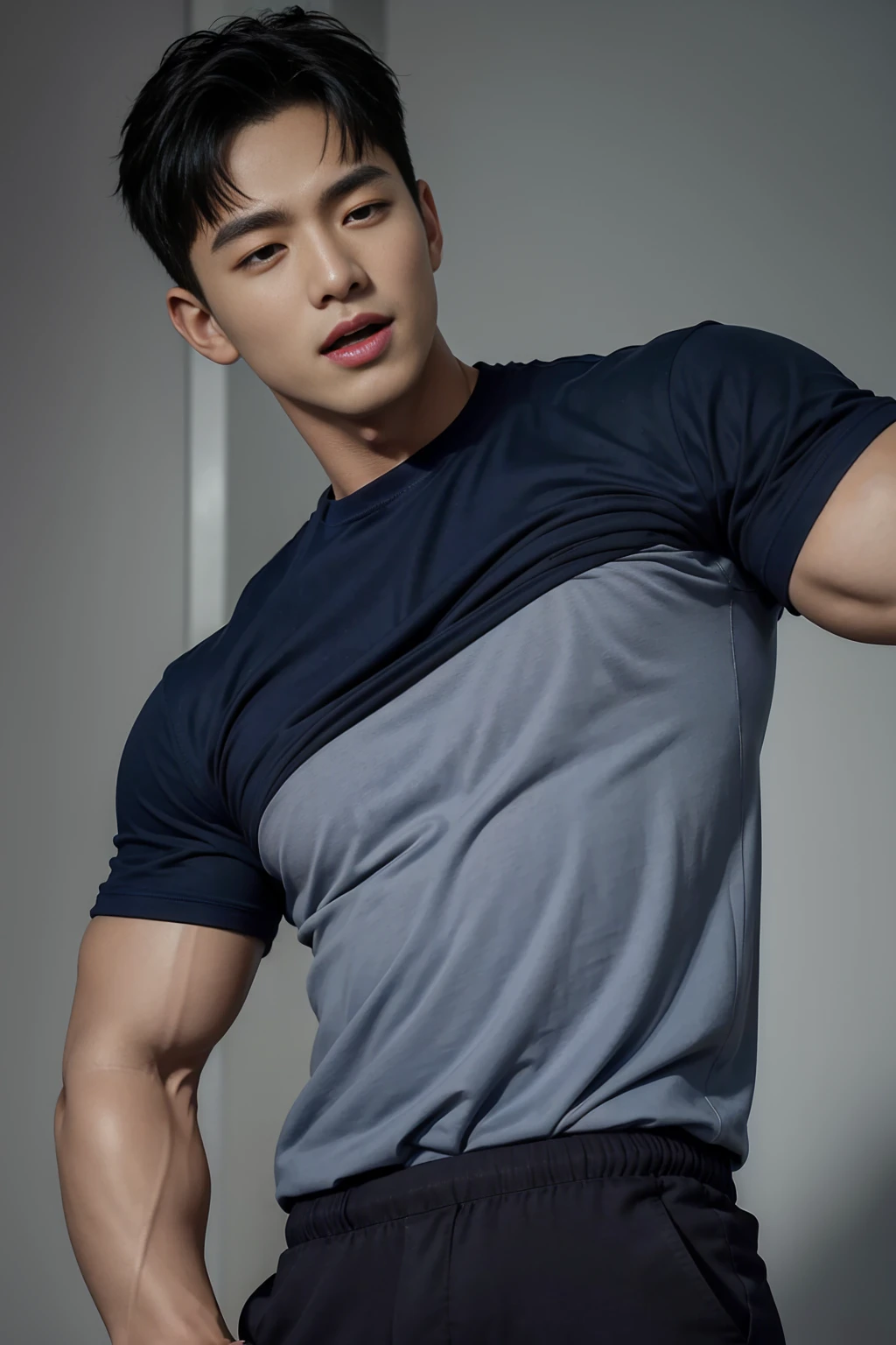 (Create a masterpiece: 1.2),(CGI art:1.3),(realistic:1.5),(After processing:1.3), (Sharp focus:1.3), 1 man, open mouth, smile, (Navy blue round neck t-shirt:1.3), Navy cargo pants, Korean guy , korean men, (High gloss details), chest muscles, large arm muscles, blood vessel, Big muscles, Broad shoulders, looking at the audience, Balancing the eyes, bedroom, Close your eyes.,(open mouth:1.1),A sexy and charming watch,Color-narrowed