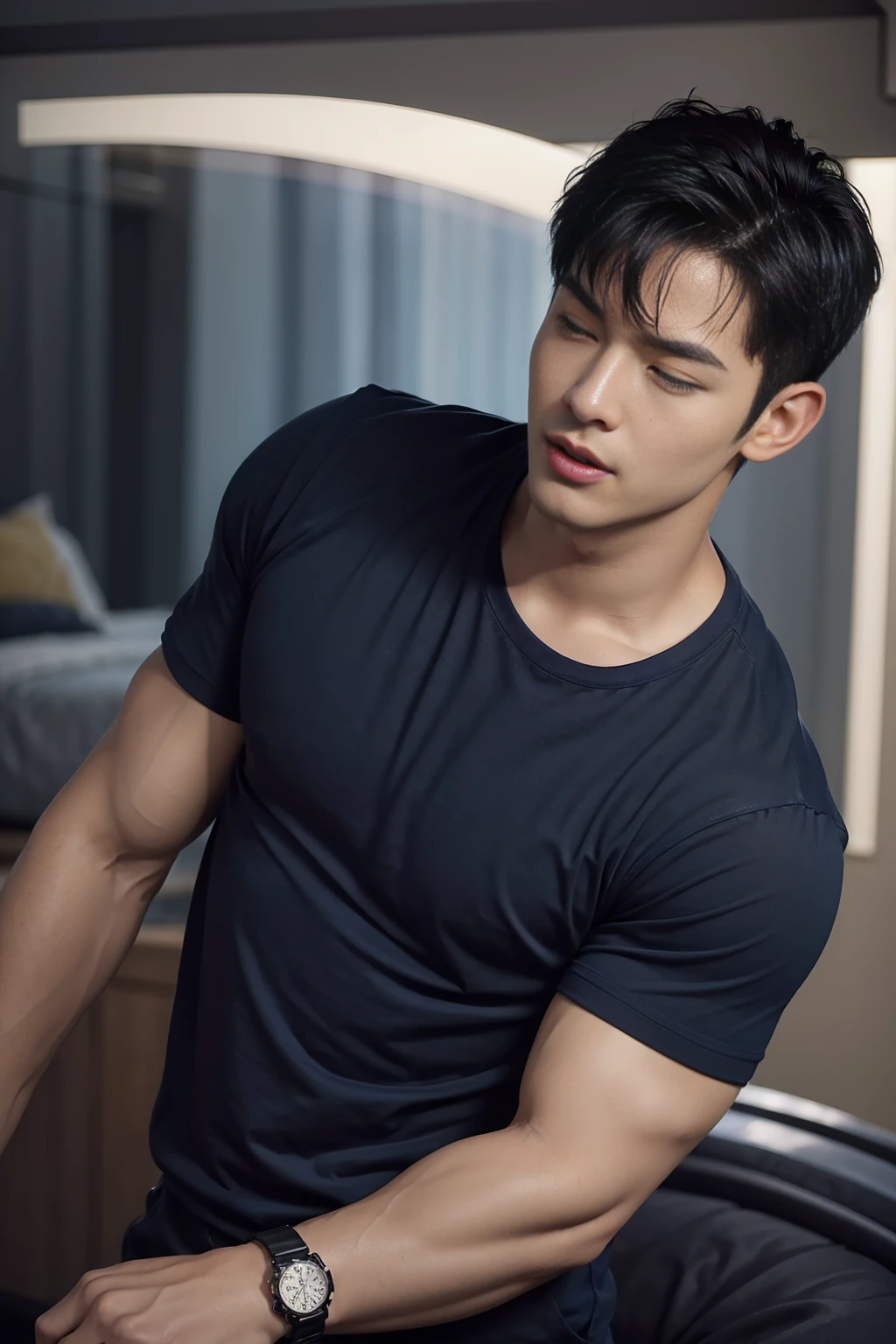 (Create a masterpiece: 1.2),(CGI art:1.3),(realistic:1.5),(After processing:1.3), (Sharp focus:1.3), 1 man, open mouth, smile, (Navy blue round neck t-shirt:1.3), Navy cargo pants, Korean guy , korean men, (High gloss details), chest muscles, large arm muscles, blood vessel, Big muscles, Broad shoulders, looking at the audience, Balancing the eyes, bedroom, Close your eyes.,(open mouth:1.1),A sexy and charming watch,Color-narrowed