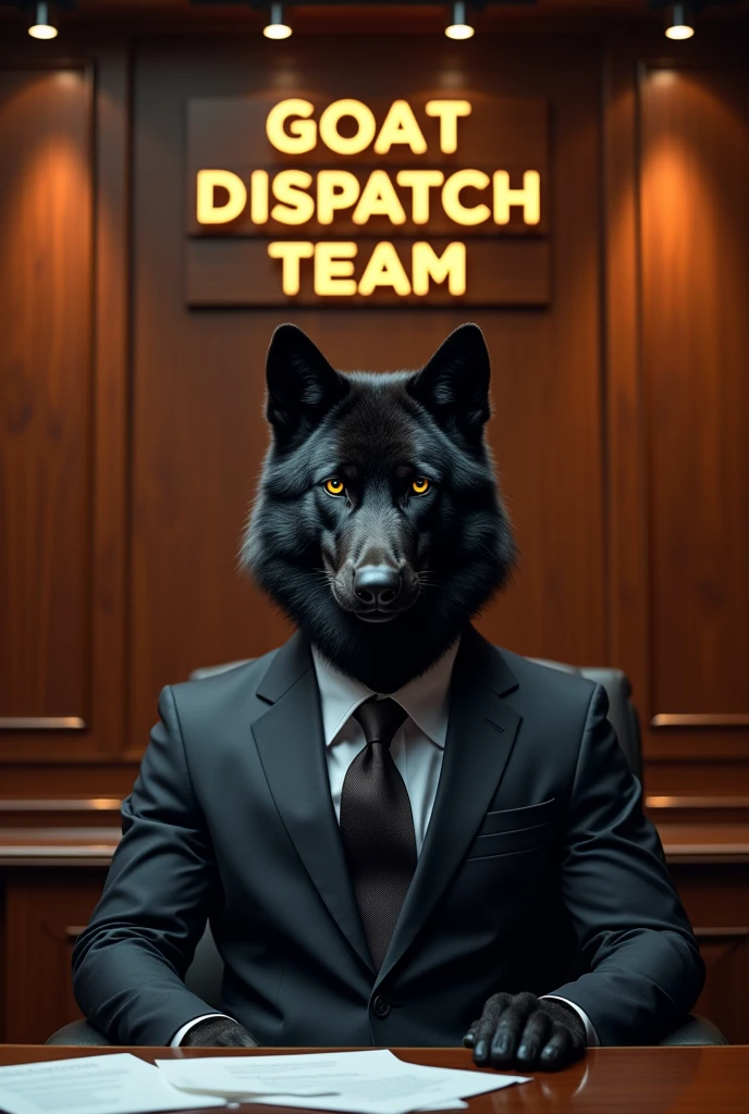 Black serious wolf with suit sitting in the chair in the office under letter “GOAT DISPATCH TEAM”