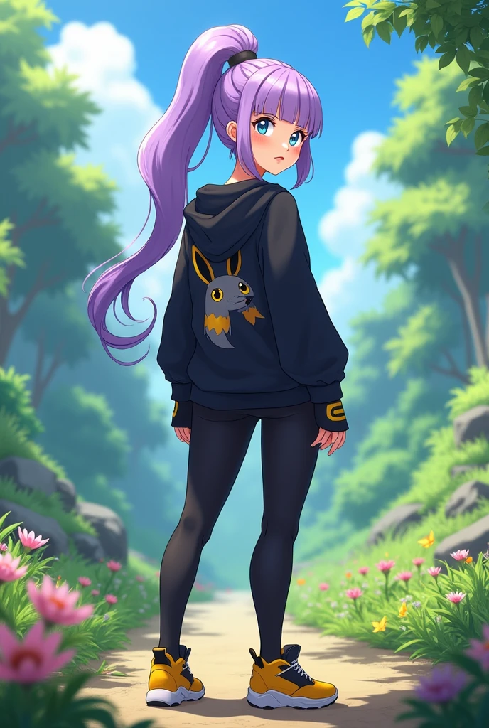 a girl from the Pokémon world in her 20s, of long hair, light purple color, tied in a ponytail with M bangs, thesis clara, light blue eyes, big hips, neither very thin nor very wide, with a B cup bust, a black Umbreon sweatshirt, a black pantaloon, yellow shoes and black fingerless gloves with yellow