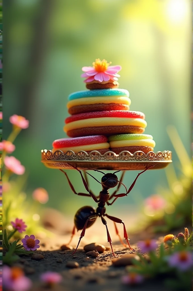 An ant carrying a tray with desserts and gelatin
