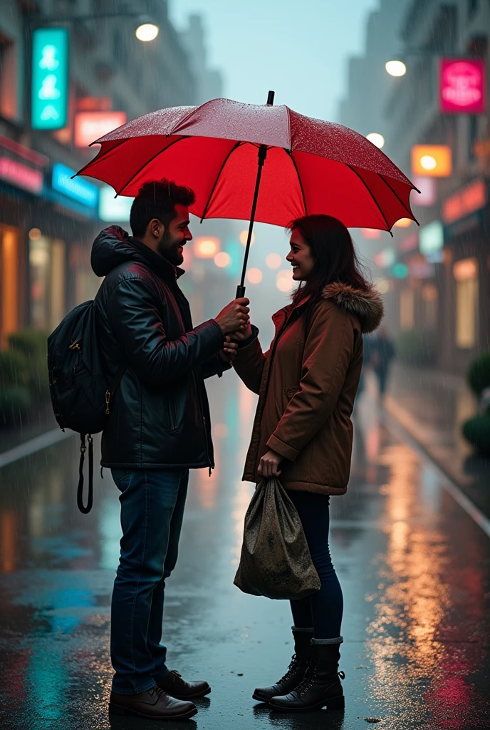 They offer their umbrella to the boy, who gratefully accepts it. Capture the moment when the boy removes the sack and takes the umbrella, his face lighting up with happiness. The couple watches him with warm smiles, feeling a deep sense of satisfaction and compassion. The rain continues to fall heavily, with the street reflecting the city lights, adding a magical glow to the scene. The couple, now without an umbrella, stands close together, still smiling as they watch the boy walk away under the protection of the umbrella. Emphasize the emotional connection and kindness in this scene, with intricate details in the rain, the couple’s expressions, and the boy’s newfound joy.”