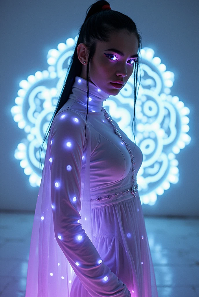 Cybergoth Rangoli Fashion Photography, pitch white slate grey lilac, full body view, minimalism, smoked eye shadow, illuminated white bulging biomorphic dot pattern, luminous eyes, rangoli pattern background, vibrant color, misty aether cyberpunk clothing, close up view of head, fluctuating depth of field, ethereal lighting, backlighting, holga medium format camera