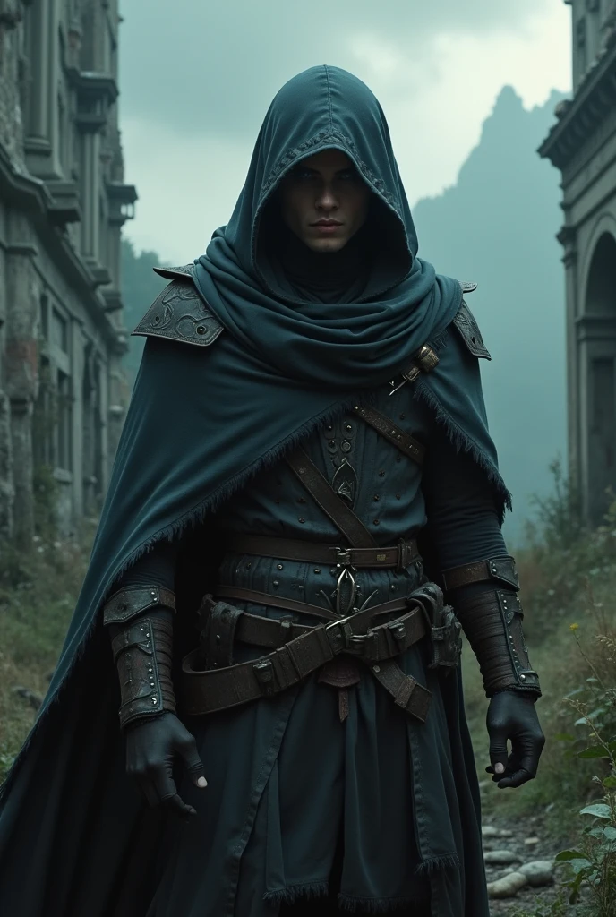 Draw a guy like Kirito with a tattered hood covering his eyes.
