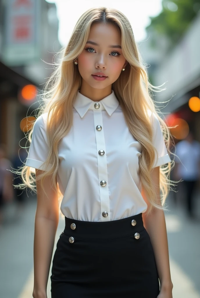 Half Thai and Japanese girl 18 year old , Nisit outfit , white short sleeve slim fit shirt , big silver buttons , ฺฺBlack Stretch Spandex Bodycon Mini Pencil Skirt Slim Tube Tight Hip Mini Skirt , hyper realistic , Long blonde hair blue eye , focus on face , medium shot.
